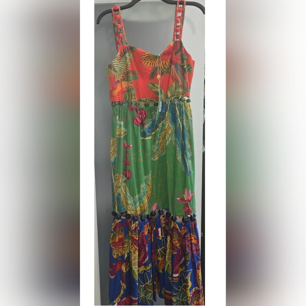 Farm Rio Tropical Print Maxi Sundress, straps with sewn-in beads, Sz: XS, NWT
